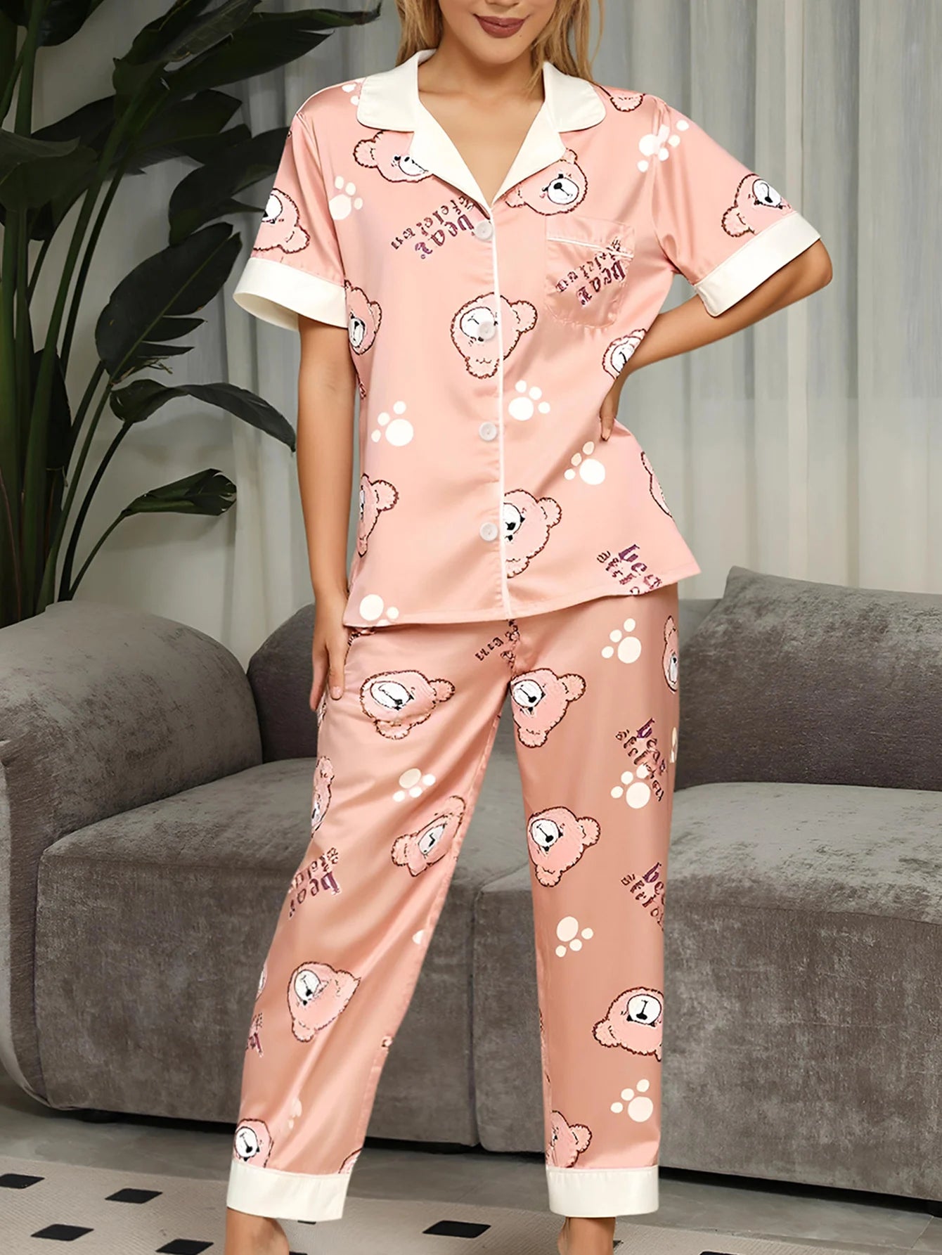 Women's Lightweight Pajama Set, Summer Homewear Set with Cardigan, Women's Cartoon Pajamas, Including Short-Sleeved T-Shirt and Long Pants