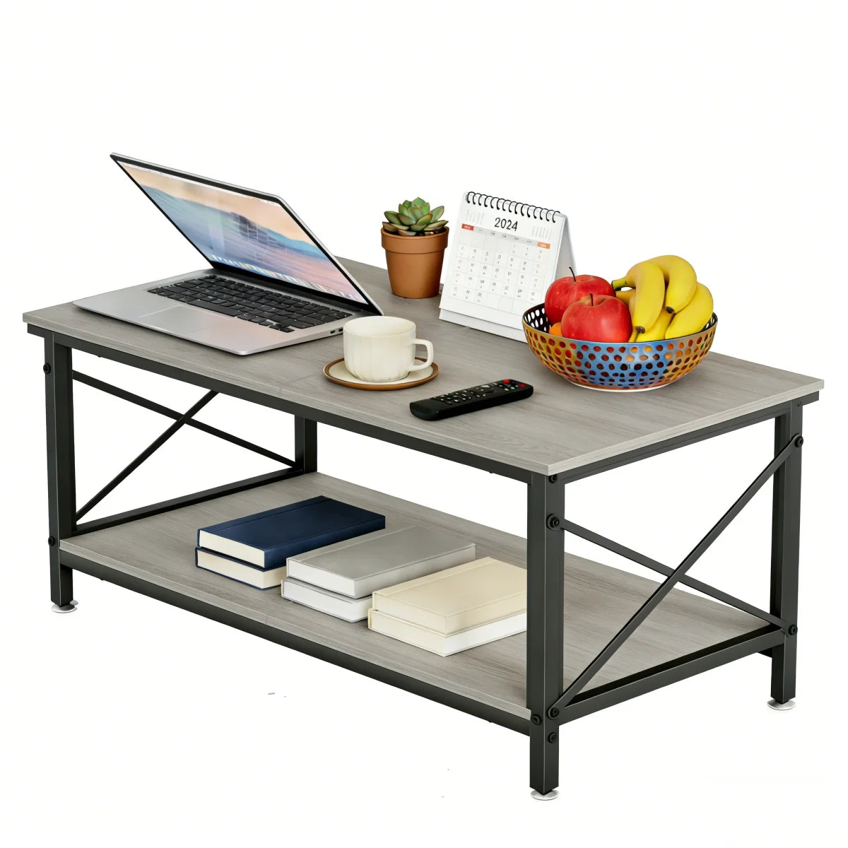 2-Tier Coffee Table with Easy Assembly, Coffee Table with Two'X'-Shaped Designs to Stabilize the Structure, Garden Table Coffee Table