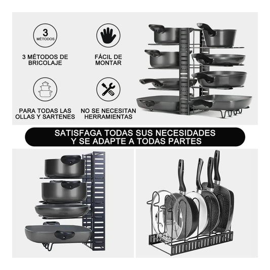 Pan and Lid Organizer for Cabinet 8-Tier Shelf with 3 Installation Methods