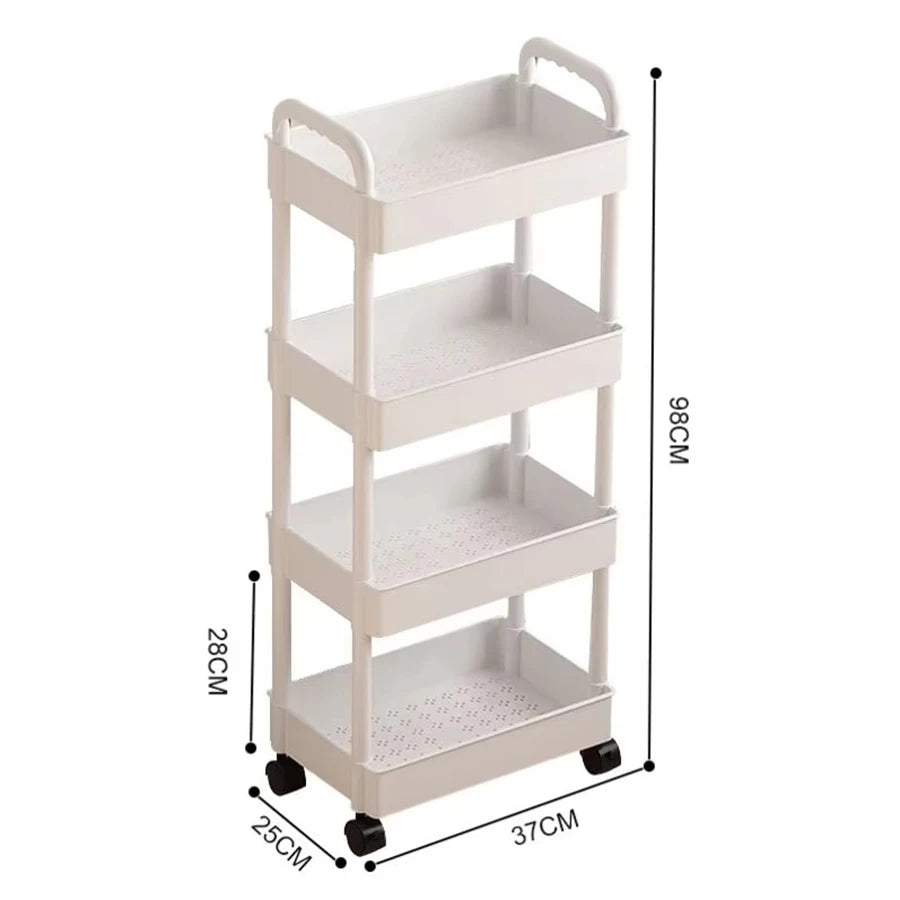 A 4-Tier Multi-Functional Mobile Floor Stand with Wheels, a Four-Shelf Mobile Storage Cart with Space-Saving Handles. Versatile Shelves for Home, Office, Kitchen