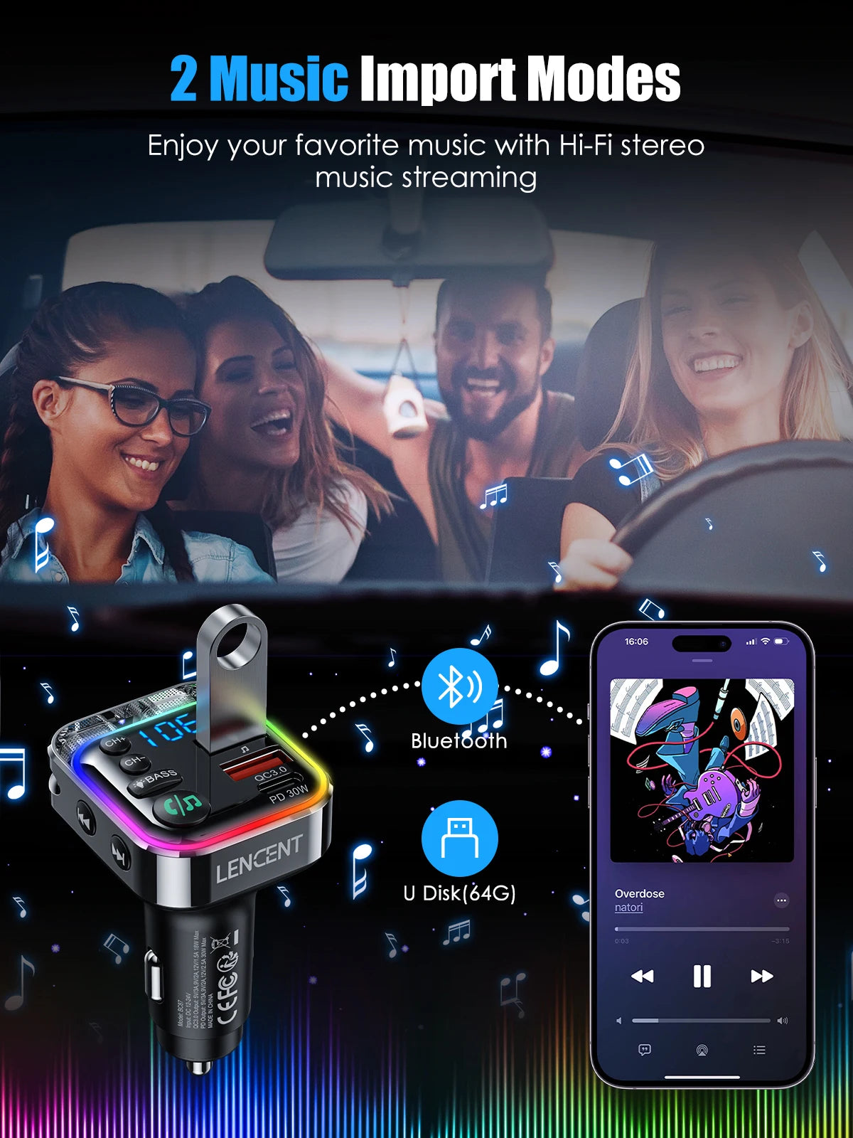 LENCENT Bluetooth 5.3 FM Transmitter with PD 30W & QC3.0 Fast Charger Bluetooth Car Adapter Hi-Fi Music/Clear Calling Car Kit