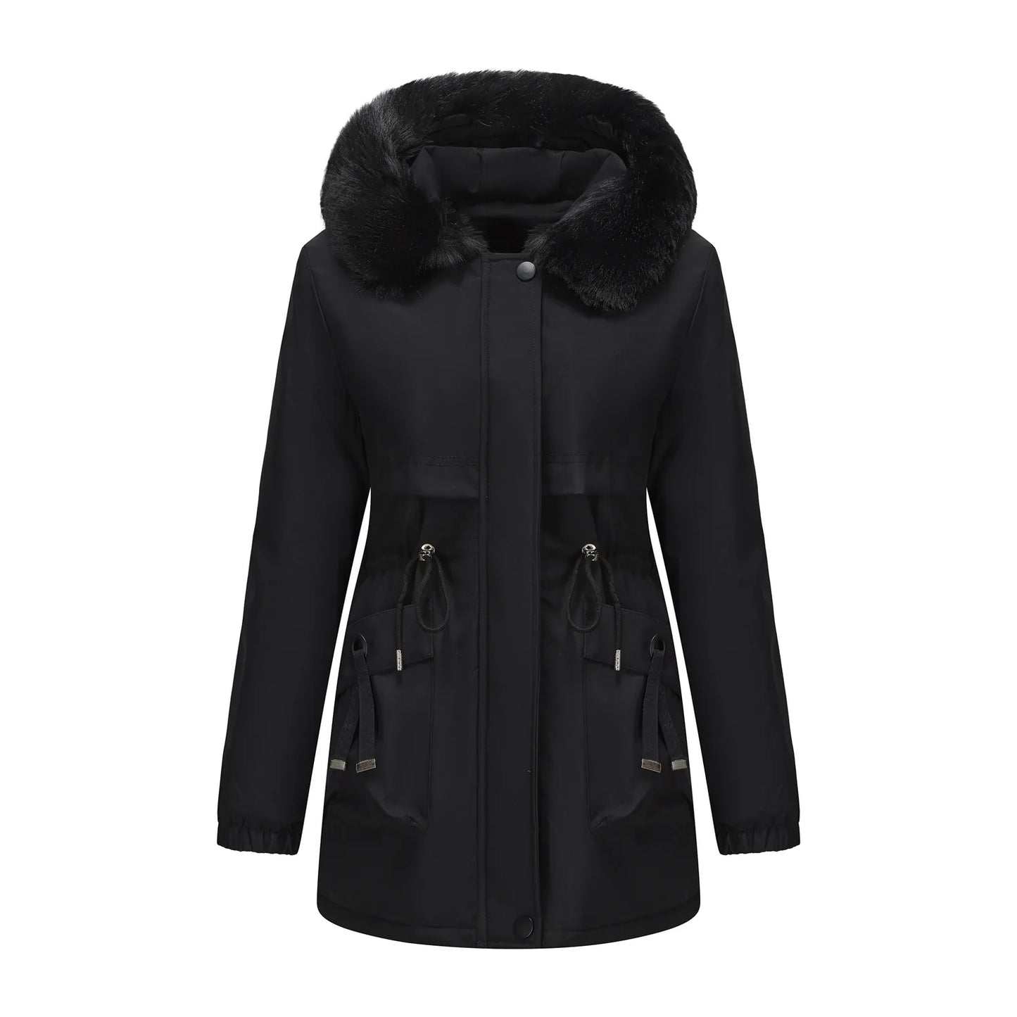 Abrigo de longitud media con capucha marrón oscuro para mujer recién llegado de invierno, chaqueta gruesa elegante y cálida. Parkas caqui, negro, azul y rosa.