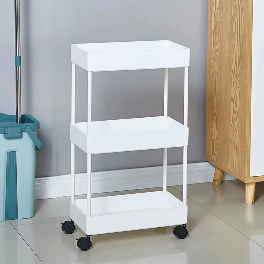 Multi-functional Household 3-story Storage Vehicle, Bathroom Storage Tool, Sliding Mobile Shelf Unit for Office, Kitchen, Laundry, Black