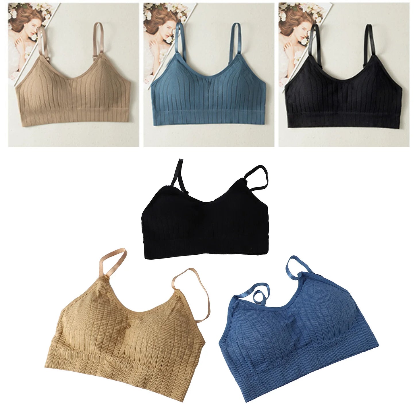 3 Pack Women Ribbed Knit Wireless Push Up Padded Bra Multi Color Workout Athletic Sports Breathable Supportive