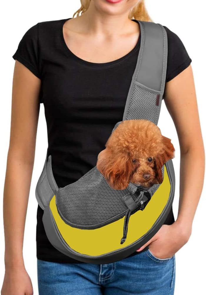 Mochila Transportadora para Mascotas con Correa Ajustable, Bolsillo y Malla Transpirable Doble Cara - Ideal para Gatos y Perros Pequeños de Hasta 13 lb, Amarillo, Talla M