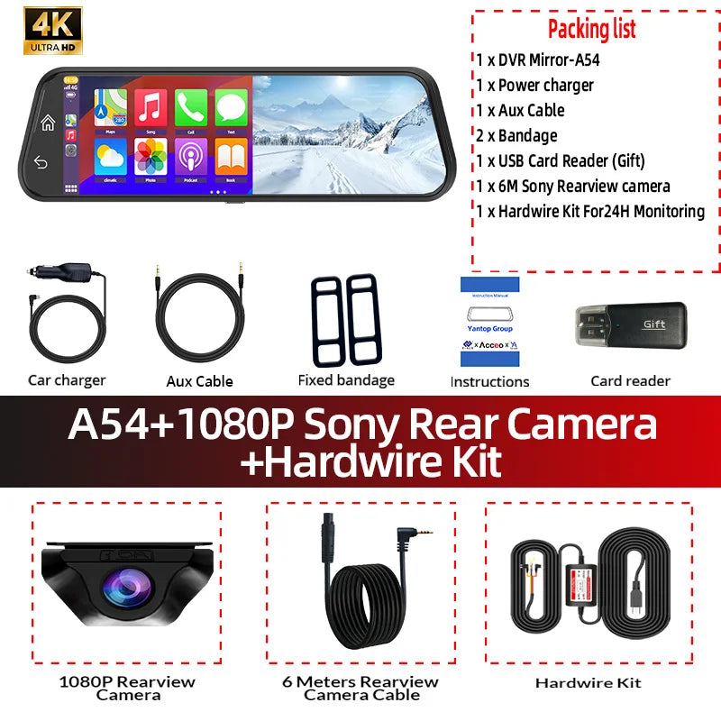 Acceo 4K Mirror Dash Cam Wireless CarPlay Android Auto Optional 1080P Rearview Camera 24H Parking Mode Loop Recording Car Camera