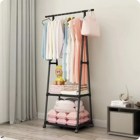 Perchero de Pie con Polea Triangular y Estantes de Ropa con Ruedas