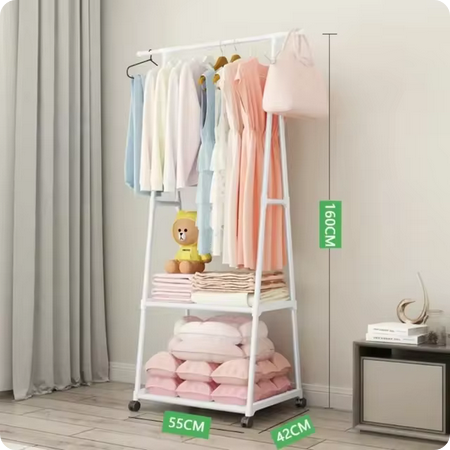 Perchero de Pie con Polea Triangular y Estantes de Ropa con Ruedas