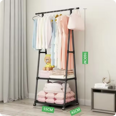 Perchero de Pie con Polea Triangular y Estantes de Ropa con Ruedas