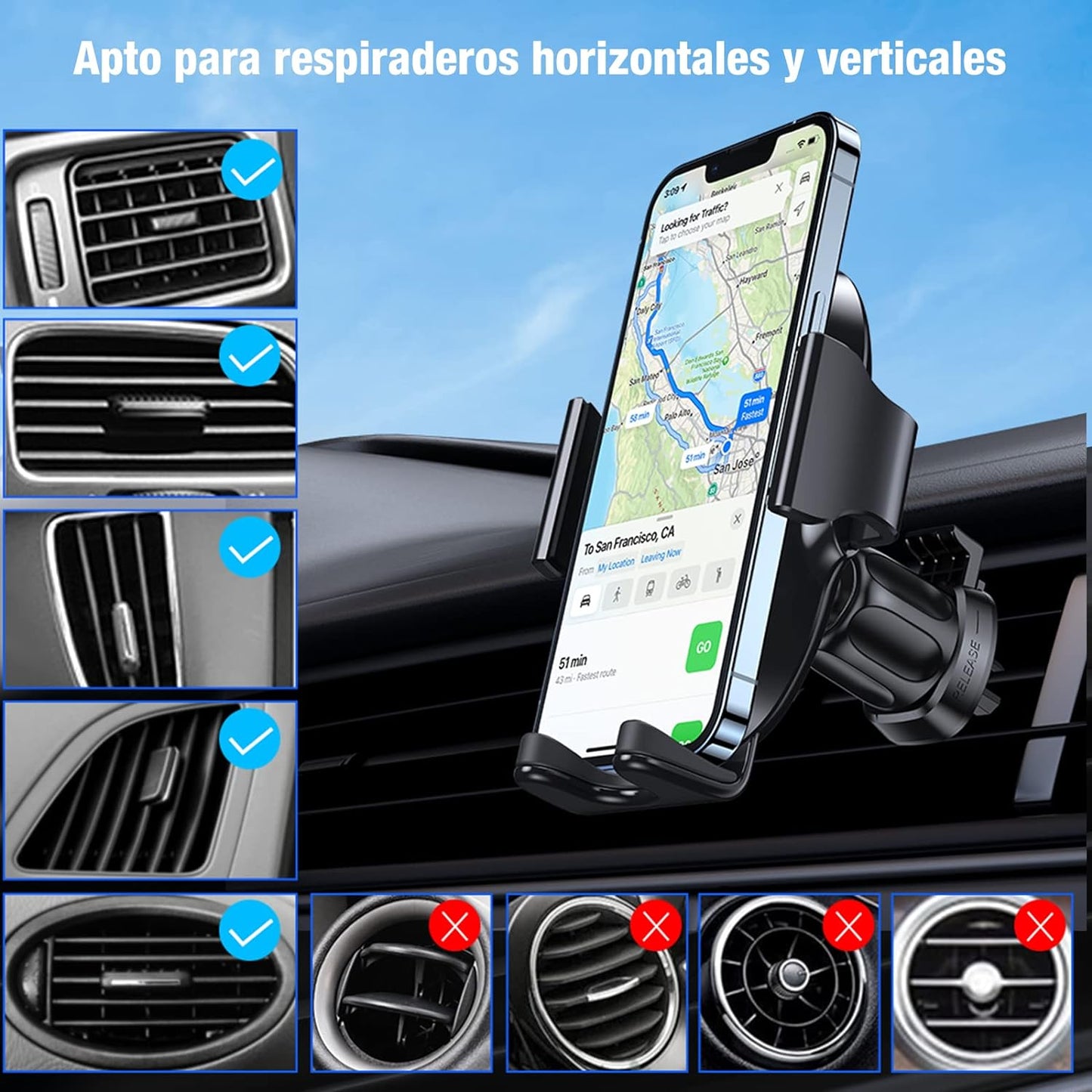 2024-2ª Generación Soporte Celular Automóvil, Base Porta Celular Auto Ventilación, Rotación 360º con Gancho Metálico y Botón Liberación con iPhone 15 14 13 Pro MAX, Galaxy S23 Ultra, Xiaomi