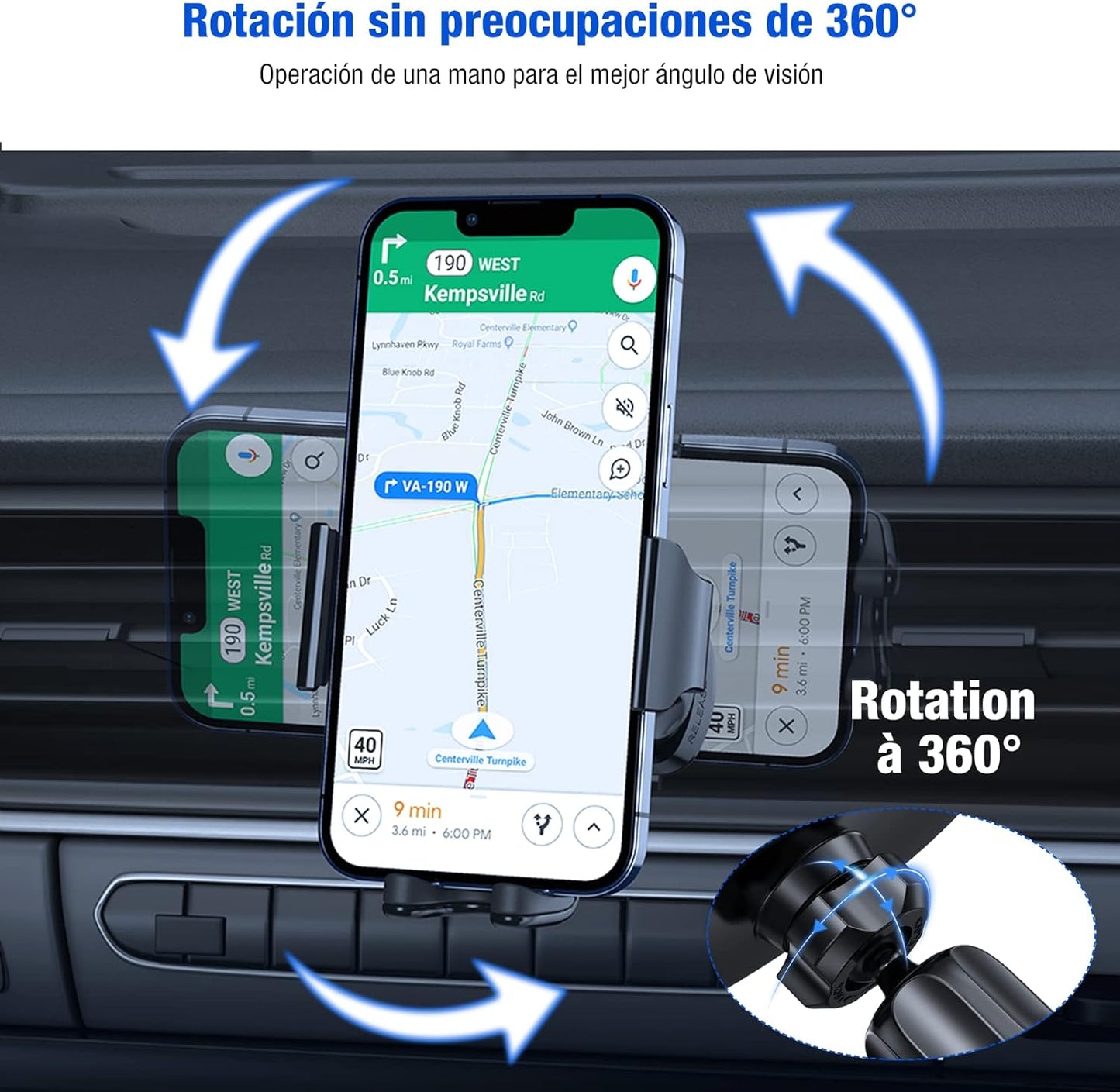 2024-2ª Generación Soporte Celular Automóvil, Base Porta Celular Auto Ventilación, Rotación 360º con Gancho Metálico y Botón Liberación con iPhone 15 14 13 Pro MAX, Galaxy S23 Ultra, Xiaomi