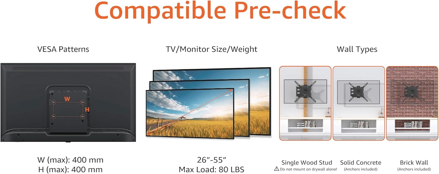 Soporte de pared para monitor de TV articulado de movimiento completo para televisores de 26 a 55 pulgadas y paneles planos de hasta 80