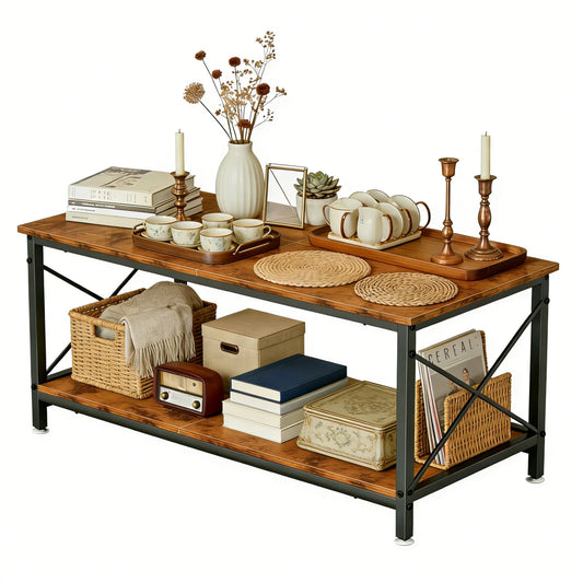 2-Tier Coffee Table with Easy Assembly, Coffee Table with Two'X'-Shaped Designs to Stabilize the Structure, Garden Table Coffee Table