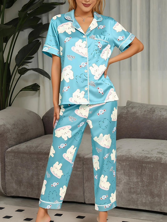 Women's Lightweight Pajama Set, Summer Homewear Set with Cardigan, Women's Cartoon Pajamas, Including Short-Sleeved T-Shirt and Long Pants