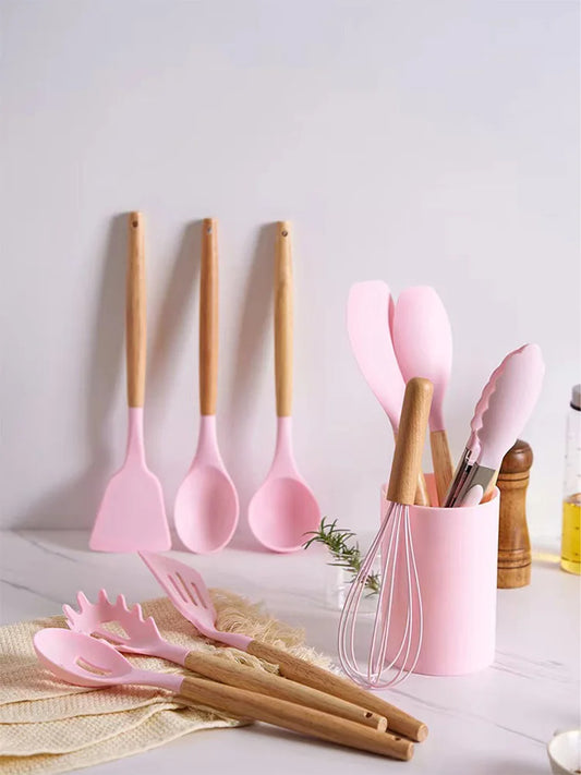 Set of 12 Silicone Kitchen Utensils Spatulas with Wooden Handle