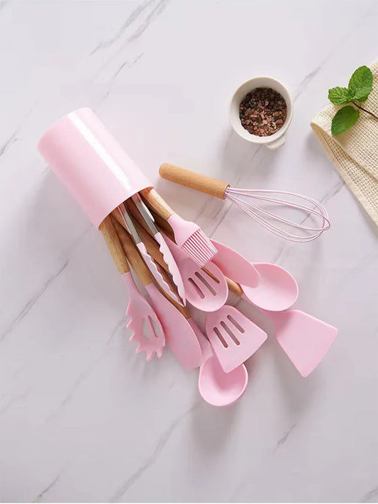 Set of 12 Silicone Kitchen Utensils Spatulas with Wooden Handle