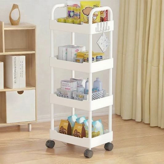 A 4-Tier Multi-Functional Mobile Floor Stand with Wheels, a Four-Shelf Mobile Storage Cart with Space-Saving Handles. Versatile Shelves for Home, Office, Kitchen