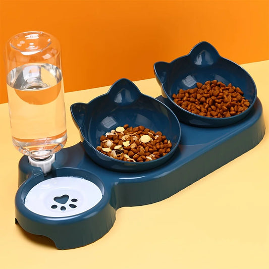 Cuencos para mascotas con alimentador de agua, diseño de oreja inclinado, juego de cuencos para agua y comida para gatos con botella de agua por gravedad para protección del cuello, 3 en 1