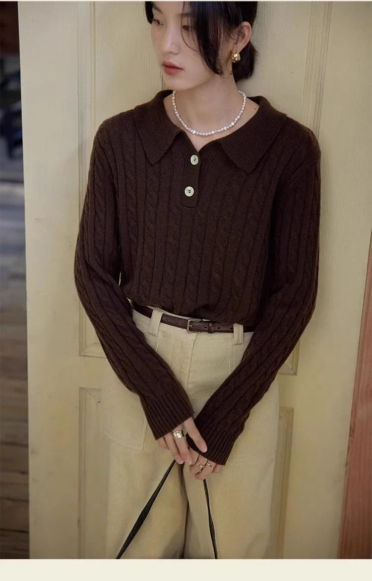 100% suéter de lana pura para mujer 2025 Otoño/Invierno nuevo jersey con cuello POLO moda coreana solapa suave Top de Cachemira de punto para mujer