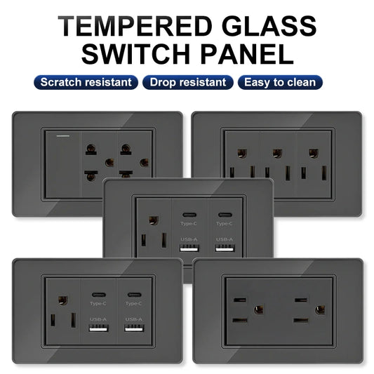 Enchufe de Pared de Vidrio Templado con Puertos USB Dual Tipo C – 118x75mm, 110V