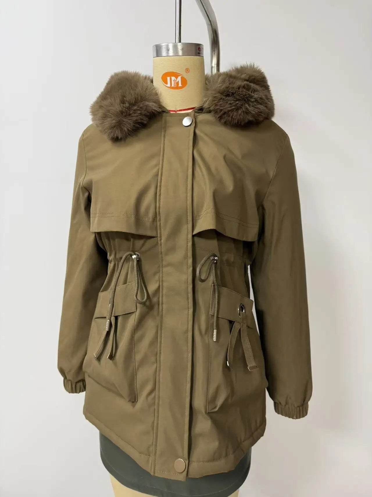 Abrigo de longitud media con capucha marrón oscuro para mujer recién llegado de invierno, chaqueta gruesa elegante y cálida. Parkas caqui, negro, azul y rosa.