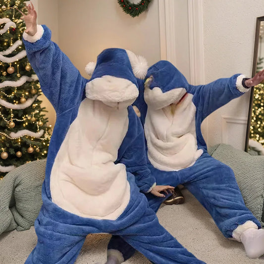 Cute Flannel Couples Onesie Pajamas, Warm Cartoon Character Pajamas with Hat with Thick Filling, Halloween Costume