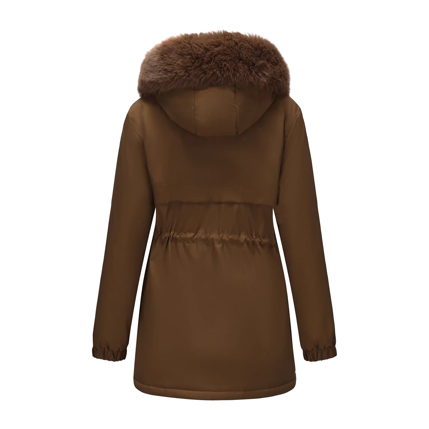 Abrigo de longitud media con capucha marrón oscuro para mujer recién llegado de invierno, chaqueta gruesa elegante y cálida. Parkas caqui, negro, azul y rosa.