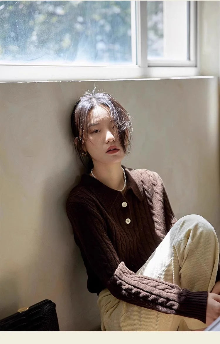 100% suéter de lana pura para mujer 2025 Otoño/Invierno nuevo jersey con cuello POLO moda coreana solapa suave Top de Cachemira de punto para mujer