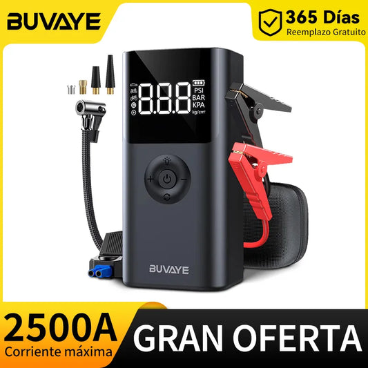BUVAYE 4 en 1 Arrancador de Batería Portátil 2500A, Banco de Energía, Bomba de Aire 150PSI, Powerbank 12V para Coche, Arrancador de Emergencia Multifuncional con Luz LED SOS