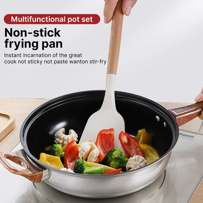 12Pcs Pots and Pans Set with 3L Kettle Nonstick Kitchen Stainless Steel Pans Induction Set with Lids Portable Dishwasher Safe