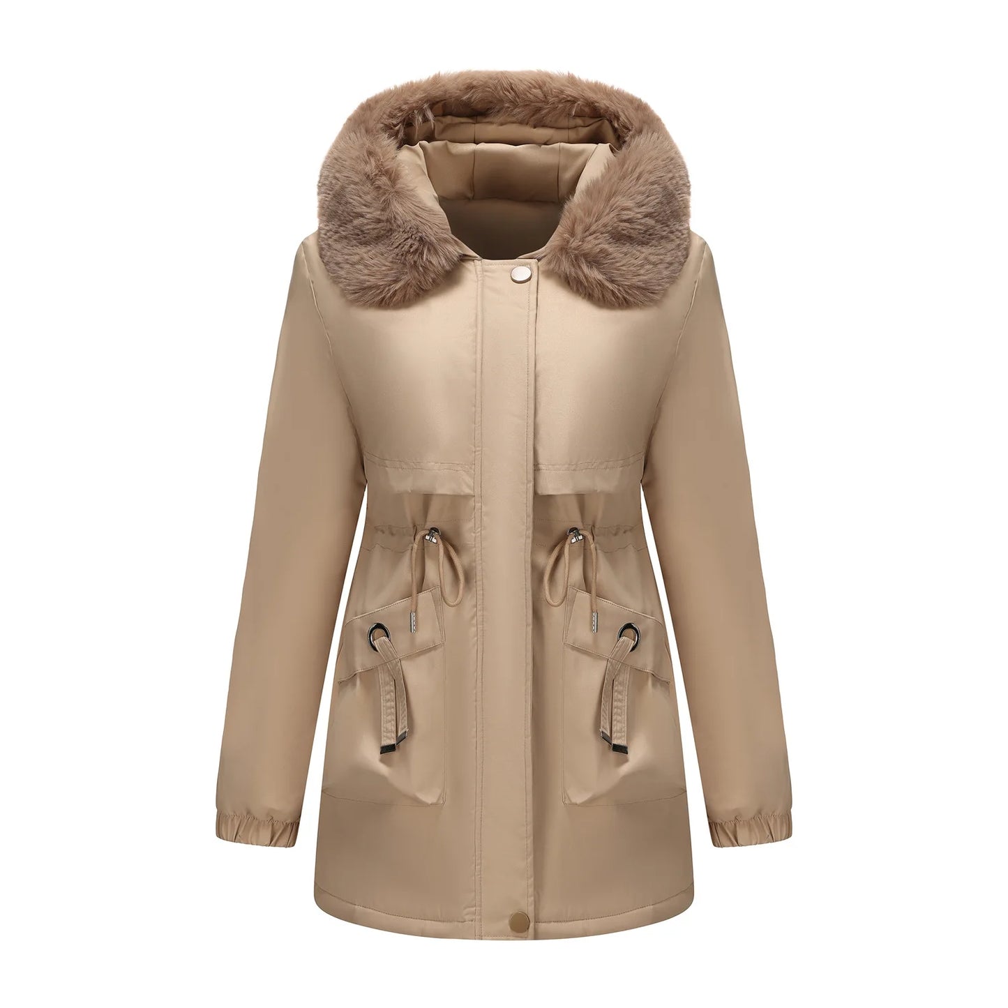Abrigo de longitud media con capucha marrón oscuro para mujer recién llegado de invierno, chaqueta gruesa elegante y cálida. Parkas caqui, negro, azul y rosa.
