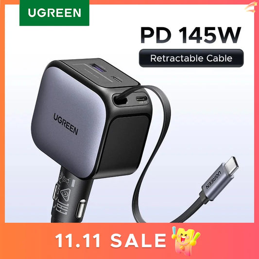 UGREEN 145W 90W 60W Cargador de coche 3 USB-C y 1 puertos USB-A PD QC4.0 Carga rápida con cable retráctil para iPhone 17 Pro MacBook