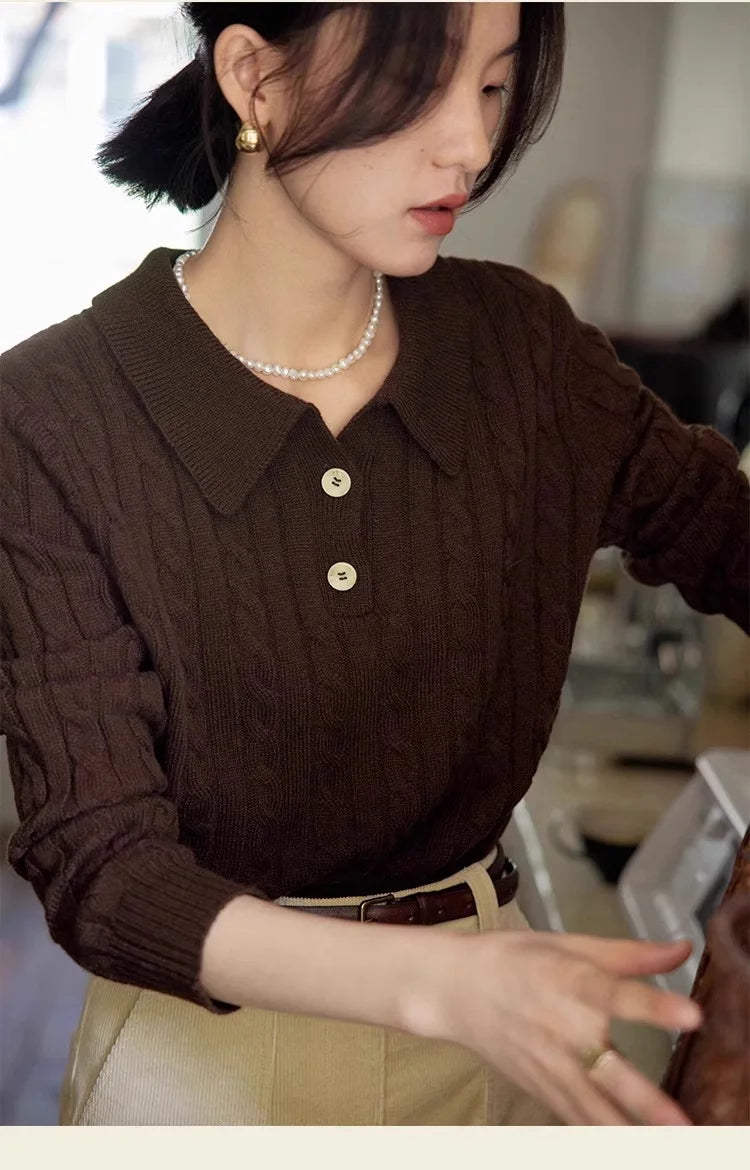 100% suéter de lana pura para mujer 2025 Otoño/Invierno nuevo jersey con cuello POLO moda coreana solapa suave Top de Cachemira de punto para mujer