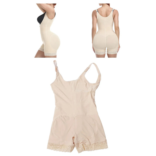 Women Belly Control Shapewear Adjustable Lace Hem Open Bust Hip Lift Shaper Zipper Buckle Bodysuit
