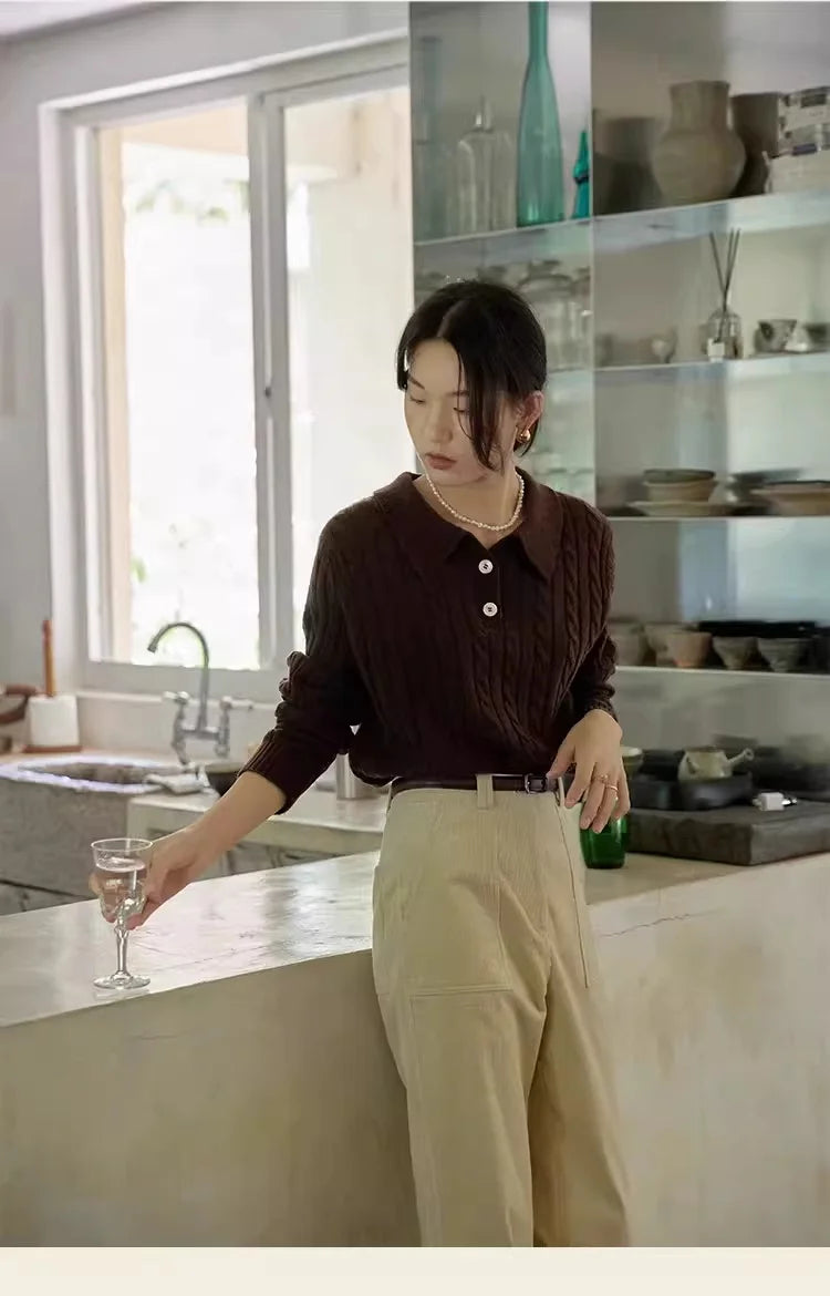 100% suéter de lana pura para mujer 2025 Otoño/Invierno nuevo jersey con cuello POLO moda coreana solapa suave Top de Cachemira de punto para mujer