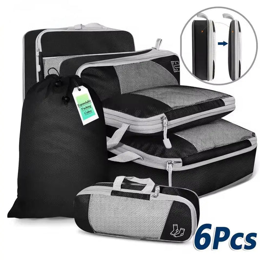 Juego de organizador de almacenamiento de cubos de embalaje comprimidos de viaje, 6 uds., con bolsa para zapatos, equipaje Visual de malla, bolsa de maleta ligera portátil