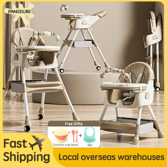 PANGDUBE Baby Seat with 4 Wheels, Bib, Bowl&spoon, Reclining Baby Eating Chair Baby High Chair for Dinner Baby Feeding Chair