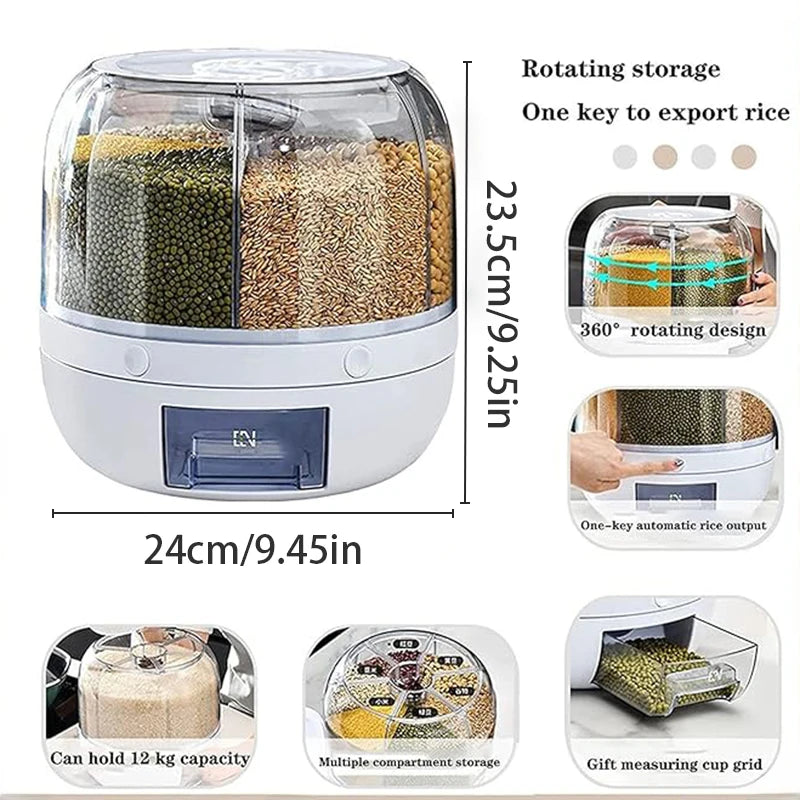 360° rotating 6-grid grain dispenser, one-touch output storage container for rice grain sealing and moisture-proof organizer