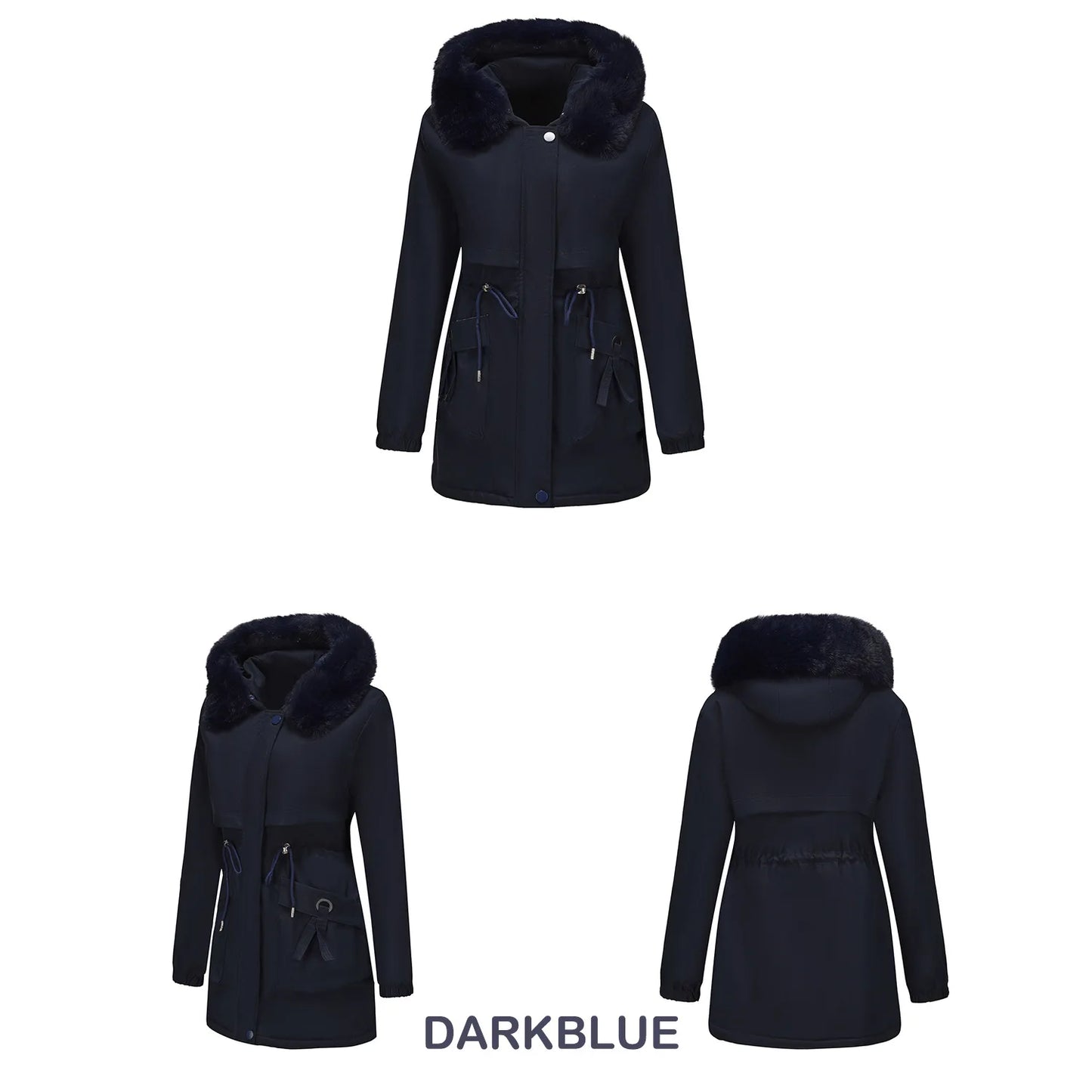 Abrigo de longitud media con capucha marrón oscuro para mujer recién llegado de invierno, chaqueta gruesa elegante y cálida. Parkas caqui, negro, azul y rosa.