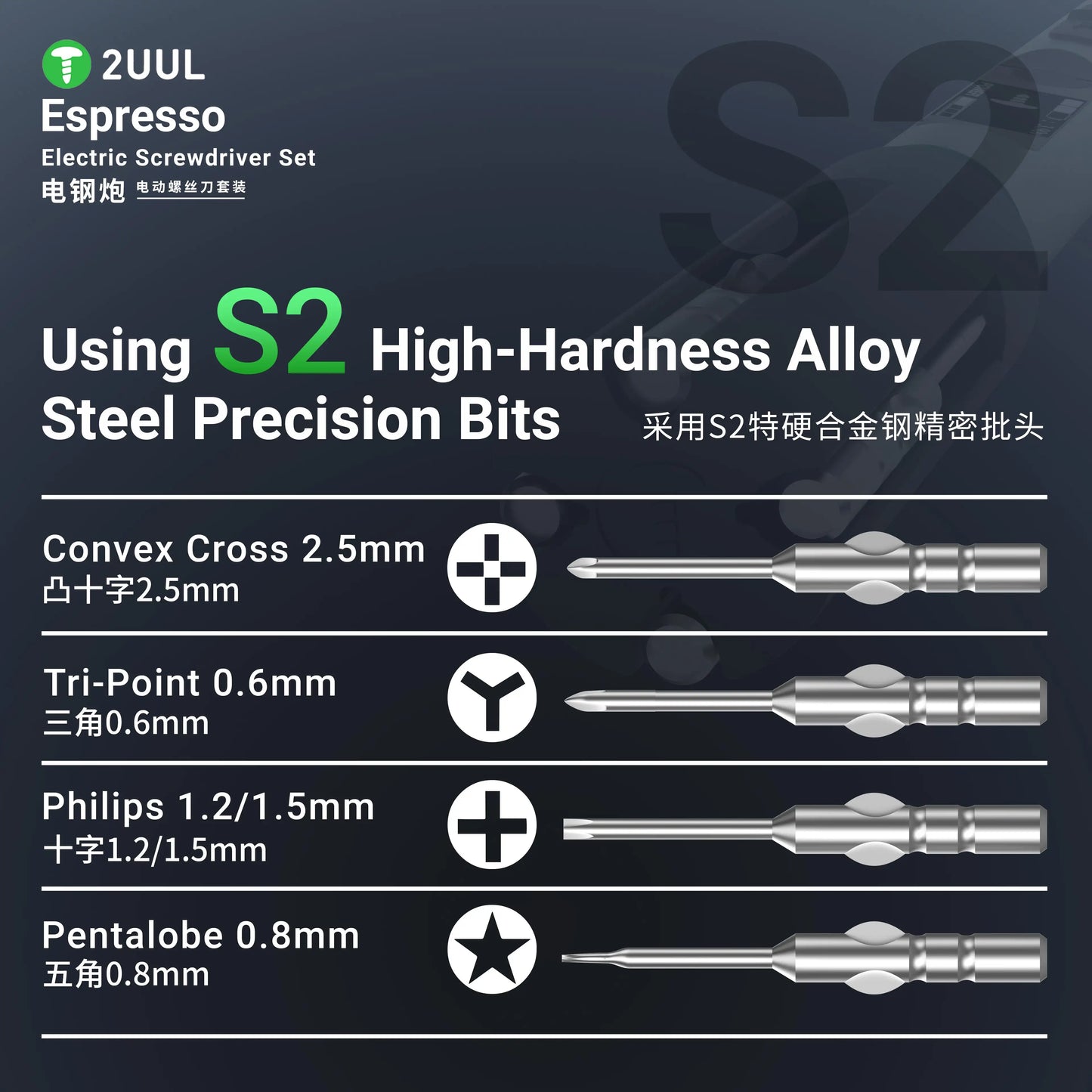2UUL SD11 – Juego de Destornilladores Eléctricos Espresso | Portátil, Ajustable, 5 Velocidades de Torsión, Puntas S2 Tipo C para Reparación y Desmontaje de Teléfonos