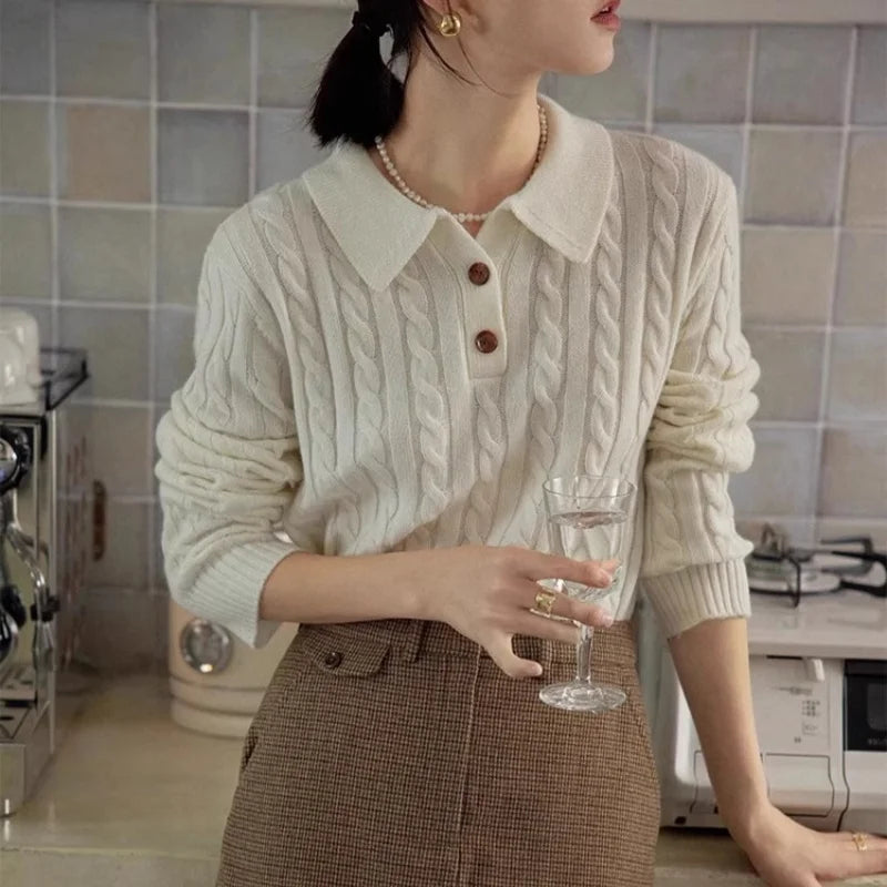 100% suéter de lana pura para mujer 2025 Otoño/Invierno nuevo jersey con cuello POLO moda coreana solapa suave Top de Cachemira de punto para mujer