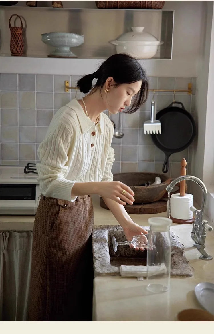 100% suéter de lana pura para mujer 2025 Otoño/Invierno nuevo jersey con cuello POLO moda coreana solapa suave Top de Cachemira de punto para mujer