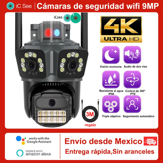 4K 9 Mp Wifi Surveillance Camera: Outdoor Security Camera, Triple Lens Webcam, Night Vision, Motion Detection, Home Surveillance Camera and Baby and Pet Monitor for Smart Home