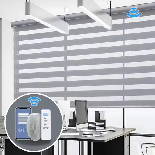 Precio de fábrica persianas de Control Wifi 100% poliéster doble tela conectar Alexa Google Homekit Motor persianas automáticas de cebra para el hogar