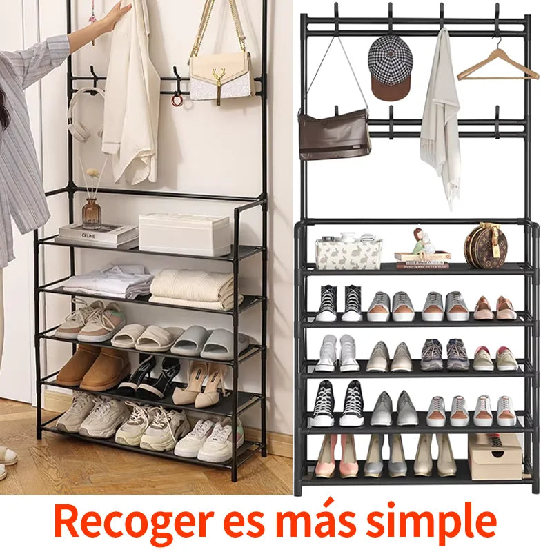 Iruibo 5-Tier Metal Shoe Rack with Coat Rack, Shoe and Clothes Organizer Shelf, Space Saving for Entryway, Bedroom or Hallway