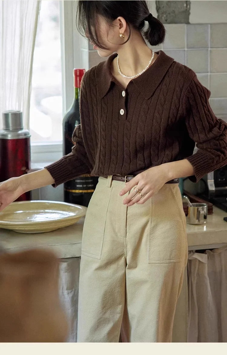 100% suéter de lana pura para mujer 2025 Otoño/Invierno nuevo jersey con cuello POLO moda coreana solapa suave Top de Cachemira de punto para mujer