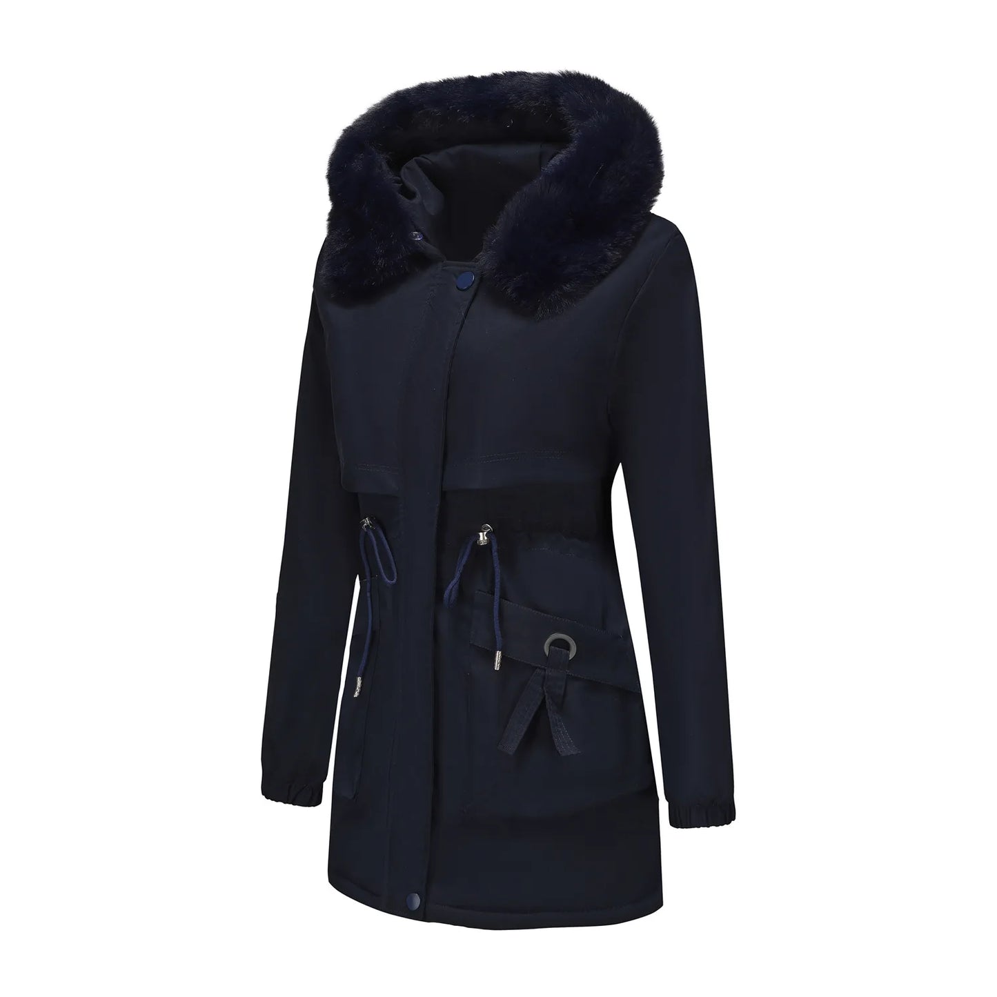 Abrigo de longitud media con capucha marrón oscuro para mujer recién llegado de invierno, chaqueta gruesa elegante y cálida. Parkas caqui, negro, azul y rosa.