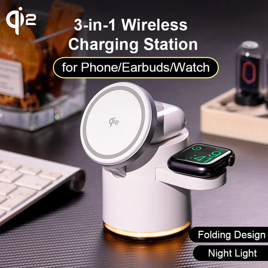 2026 New Qi2 Wireless Charger 3-in-1 Fast Charging Station Stand Folding Holder for iPhone16 15 14 ProMax Airpods Apple Watch