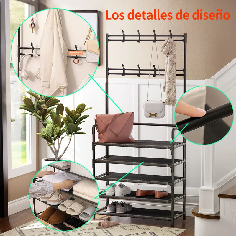 Iruibo 5-Tier Metal Shoe Rack with Coat Rack, Shoe and Clothes Organizer Shelf, Space Saving for Entryway, Bedroom or Hallway