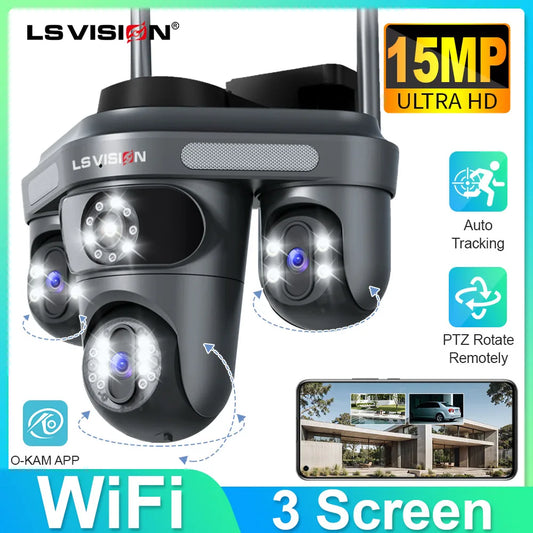 Cámara de tres pantallas WIFI 15MP 6K Monitor de tres lentes visión nocturna protección de seguridad 3 lentes PTZ videovigilancia